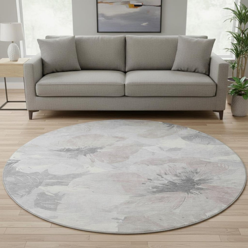 HomeRoots 8' Round Washable Floral Area Rug in Taupe, Ivory & Gray - Stain-Resistant, UV-Protected Elegance 694415