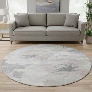 HomeRoots 8' Round Washable Floral Area Rug in Taupe, Ivory & Gray - Stain-Resistant, UV-Protected Elegance 694415