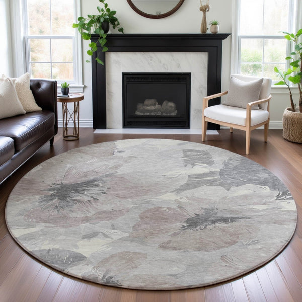 HomeRoots 8' Round Washable Floral Area Rug in Taupe, Ivory & Gray - Stain-Resistant, UV-Protected Elegance 694415