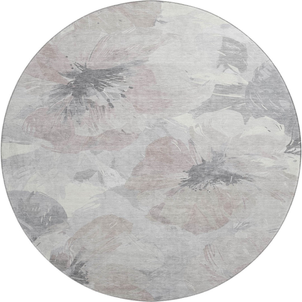 HomeRoots 8' Round Washable Floral Area Rug in Taupe, Ivory & Gray - Stain-Resistant, UV-Protected Elegance 694415