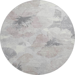 HomeRoots 8' Round Washable Floral Area Rug in Taupe, Ivory & Gray - Stain-Resistant, UV-Protected Elegance 694415