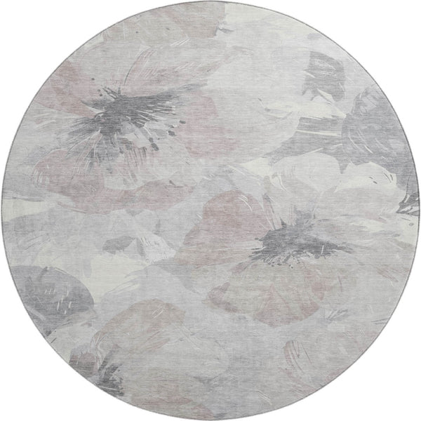 HomeRoots 8' Round Washable Floral Area Rug in Taupe, Ivory & Gray - Stain-Resistant, UV-Protected Elegance 694415