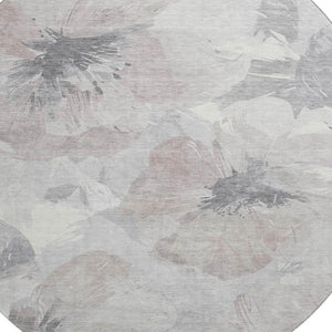 HomeRoots 8' Round Washable Floral Area Rug in Taupe, Ivory & Gray - Stain-Resistant, UV-Protected Elegance 694415