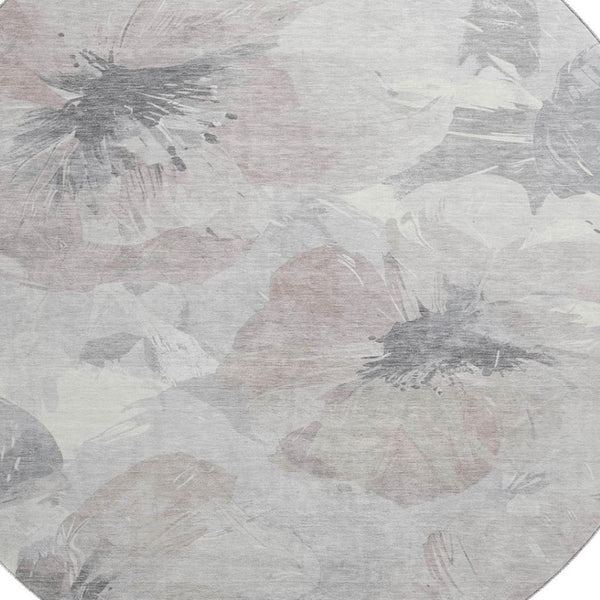 HomeRoots 8' Round Washable Floral Area Rug in Taupe, Ivory & Gray - Stain-Resistant, UV-Protected Elegance 694415