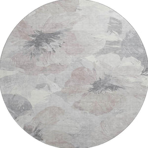 HomeRoots 8' Round Washable Floral Area Rug in Taupe, Ivory & Gray - Stain-Resistant, UV-Protected Elegance 694415