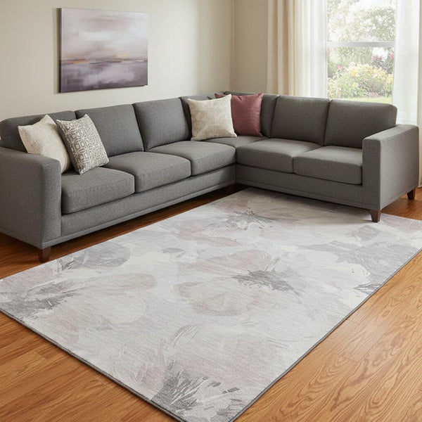 HomeRoots 8' Washable Floral Area Rug in Taupe, Ivory & Gray - UV Protected, Stain-Resistant, Durable Design 694416