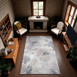 HomeRoots 8' Washable Floral Area Rug in Taupe, Ivory & Gray - UV Protected, Stain-Resistant, Durable Design 694416