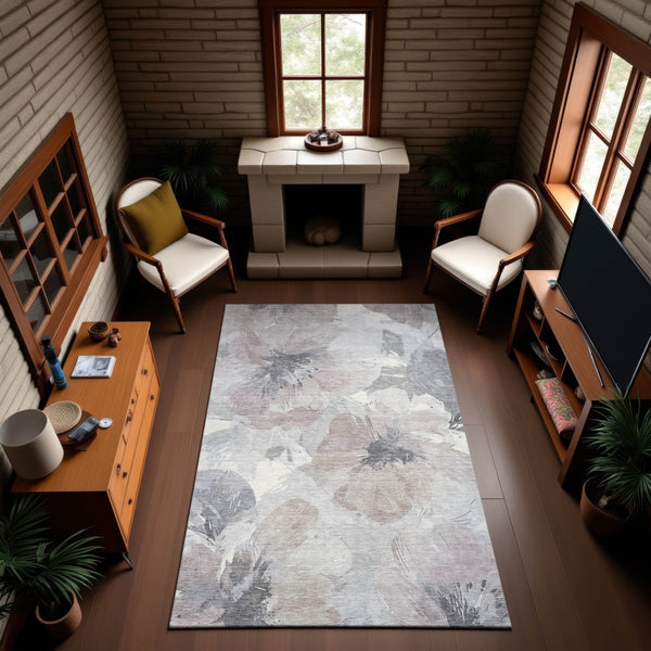 HomeRoots 8' Washable Floral Area Rug in Taupe, Ivory & Gray - UV Protected, Stain-Resistant, Durable Design 694416