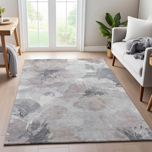 HomeRoots 8' Washable Floral Area Rug in Taupe, Ivory & Gray - UV Protected, Stain-Resistant, Durable Design 694416