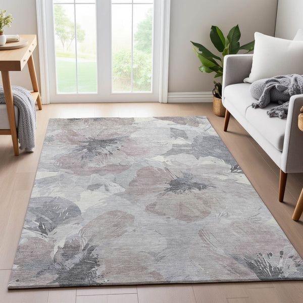 HomeRoots 8' Washable Floral Area Rug in Taupe, Ivory & Gray - UV Protected, Stain-Resistant, Durable Design 694416