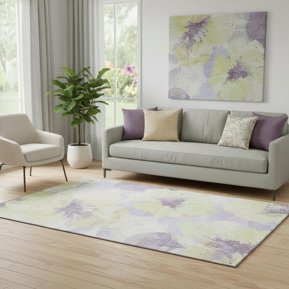 HomeRoots 5' X 8' Floral Area Rug in Wheat, Lavender & Ivory – Washable, UV Protected & Perfect for High-Traffic Spaces 694420