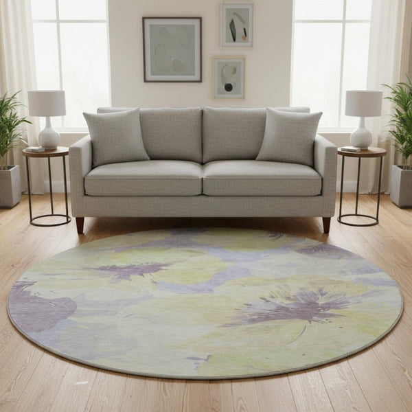 HomeRoots 8' X 8' Floral Washable Round Rug in Wheat, Lavender & Ivory with UV Protection for All Spaces 694421