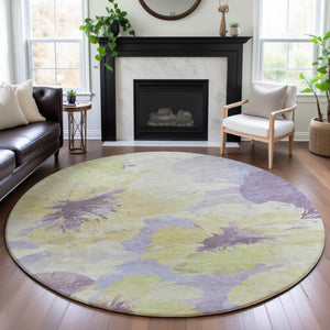 HomeRoots 8' X 8' Floral Washable Round Rug in Wheat, Lavender & Ivory with UV Protection for All Spaces 694421