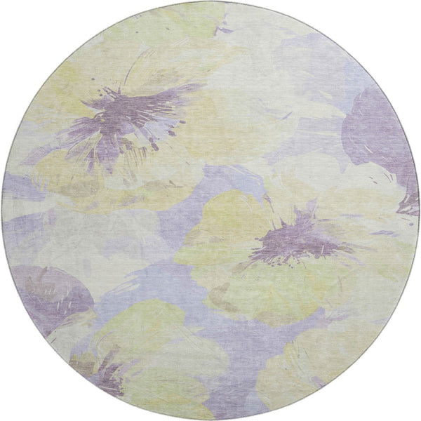 HomeRoots 8' X 8' Floral Washable Round Rug in Wheat, Lavender & Ivory with UV Protection for All Spaces 694421