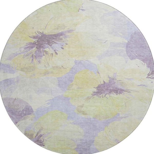 HomeRoots 8' X 8' Floral Washable Round Rug in Wheat, Lavender & Ivory with UV Protection for All Spaces 694421