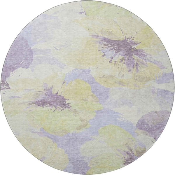 HomeRoots 8' X 8' Floral Washable Round Rug in Wheat, Lavender & Ivory with UV Protection for All Spaces 694421