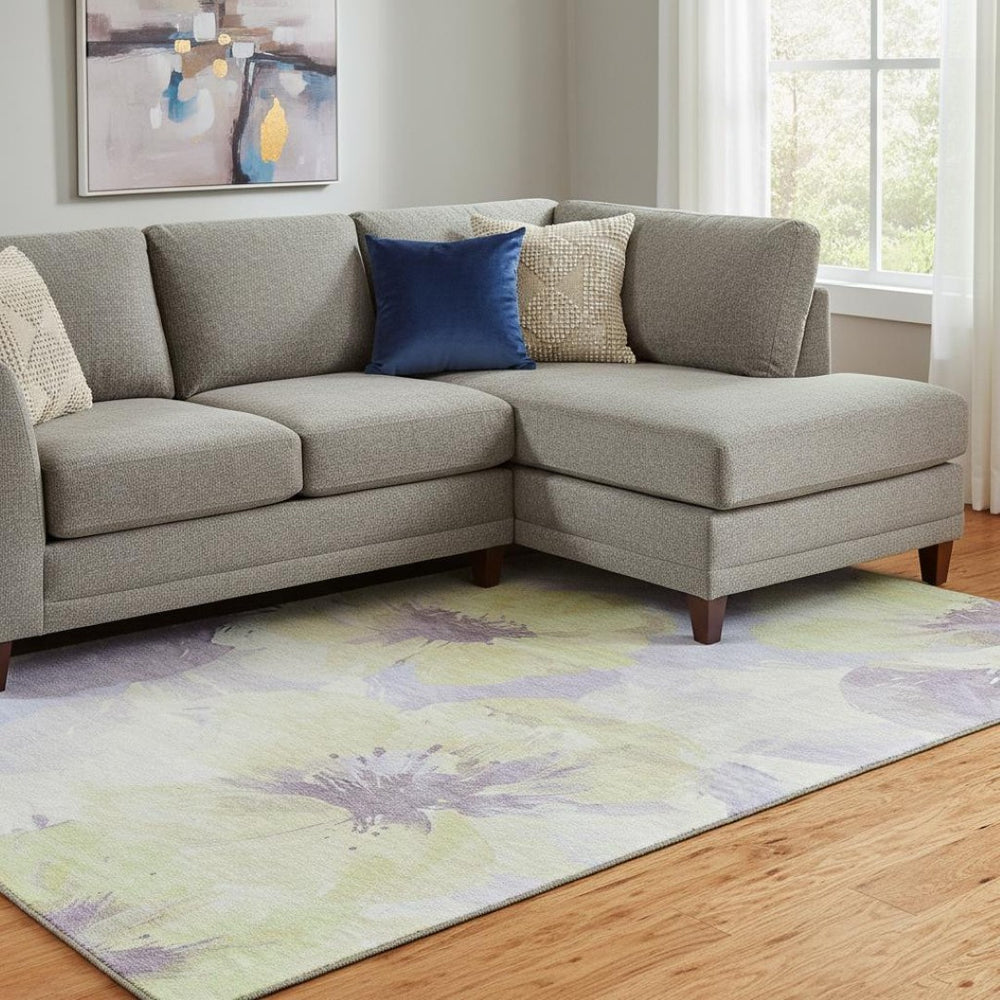 HomeRoots 8' Floral Area Rug in Wheat, Lavender & Ivory - Washable, UV-Protected, Non-Slip for High-Traffic Spaces 694422