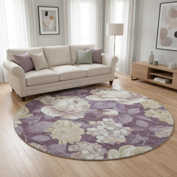 HomeRoots 8' Washable Round Rug in Beige Ivory Tan Floral Design - UV Protected, Stain Resistant & Durable! 694427