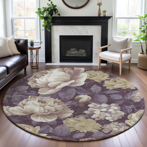 HomeRoots 8' Washable Round Rug in Beige Ivory Tan Floral Design - UV Protected, Stain Resistant & Durable! 694427