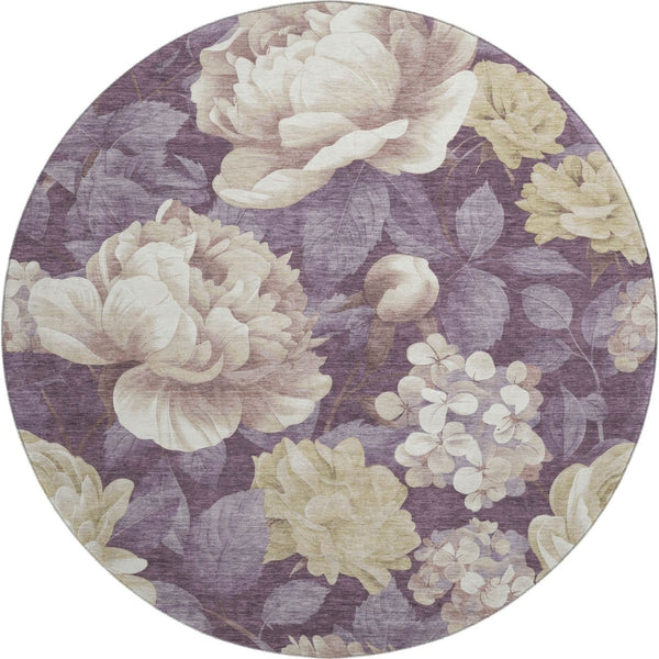 HomeRoots 8' Washable Round Rug in Beige Ivory Tan Floral Design - UV Protected, Stain Resistant & Durable! 694427