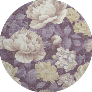 HomeRoots 8' Washable Round Rug in Beige Ivory Tan Floral Design - UV Protected, Stain Resistant & Durable! 694427