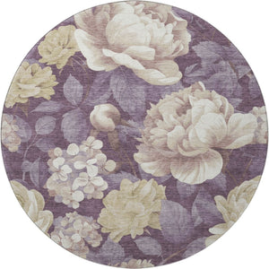 HomeRoots 8' Washable Round Rug in Beige Ivory Tan Floral Design - UV Protected, Stain Resistant & Durable! 694427