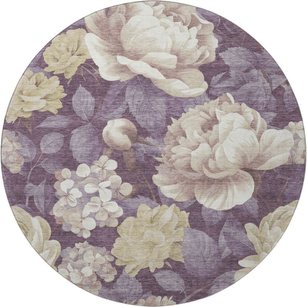 HomeRoots 8' Washable Round Rug in Beige Ivory Tan Floral Design - UV Protected, Stain Resistant & Durable! 694427