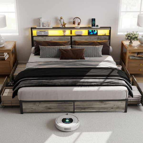 English Elm Queen Metal Platform Bed with Rgb Led Headboard Charging Station and Underbed Storage T3963P482853