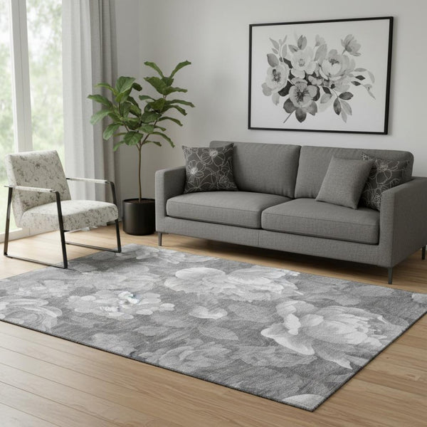 HomeRoots 5' X 8' Washable Gray Silver Charcoal Floral Area Rug with UV Protection for Homes with Kids & Pets 694432