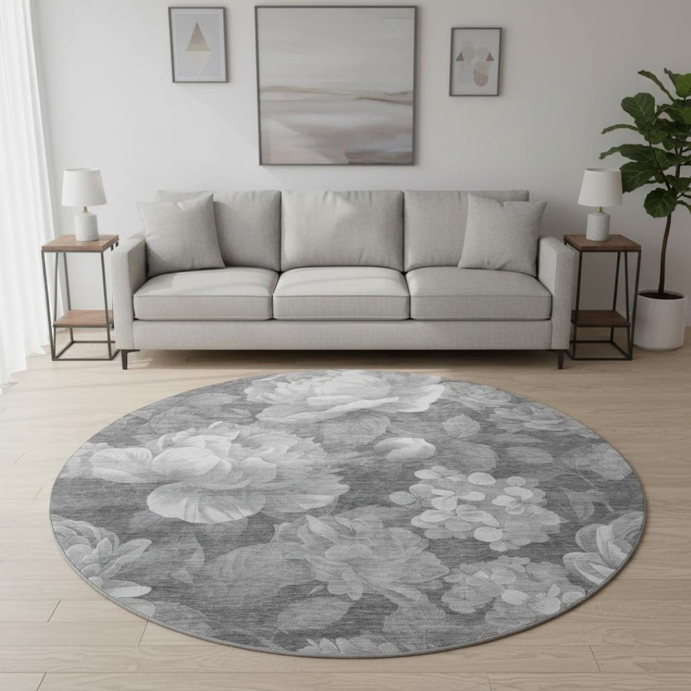 HomeRoots 8' X 8' Elegant Gray Silver Charcoal Floral Washable Round Rug with UV Protection for Any Space 694433