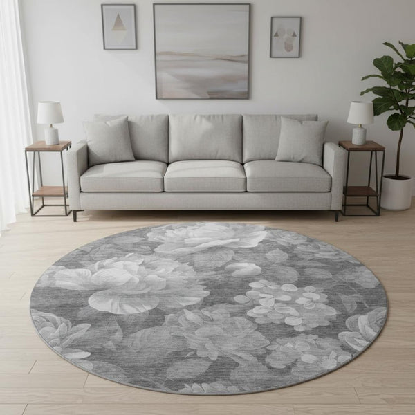 HomeRoots 8' X 8' Elegant Gray Silver Charcoal Floral Washable Round Rug with UV Protection for Any Space 694433