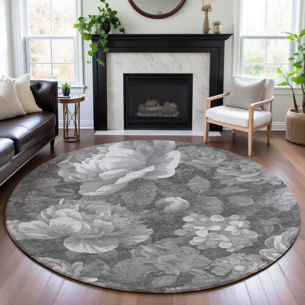 HomeRoots 8' X 8' Elegant Gray Silver Charcoal Floral Washable Round Rug with UV Protection for Any Space 694433