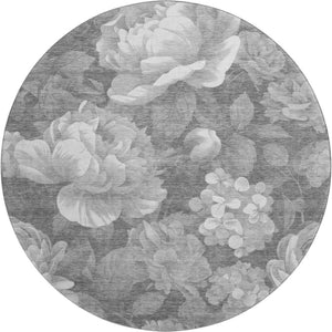 HomeRoots 8' X 8' Elegant Gray Silver Charcoal Floral Washable Round Rug with UV Protection for Any Space 694433