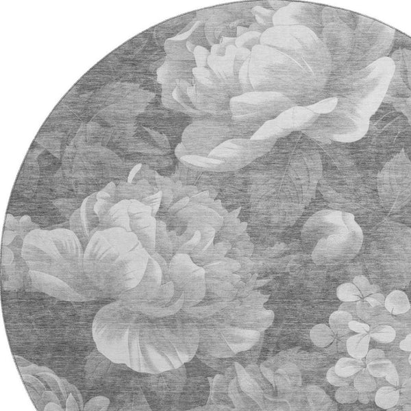 HomeRoots 8' X 8' Elegant Gray Silver Charcoal Floral Washable Round Rug with UV Protection for Any Space 694433