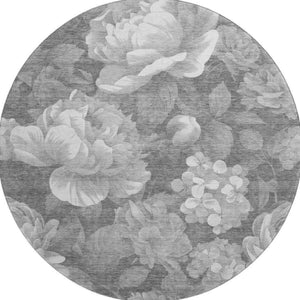 HomeRoots 8' X 8' Elegant Gray Silver Charcoal Floral Washable Round Rug with UV Protection for Any Space 694433
