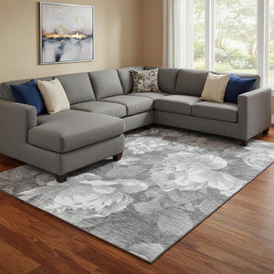 HomeRoots 8' Elegant Gray Floral Area Rug - Washable, Stain-Resistant, UV Protected for High-Traffic Spaces 694434