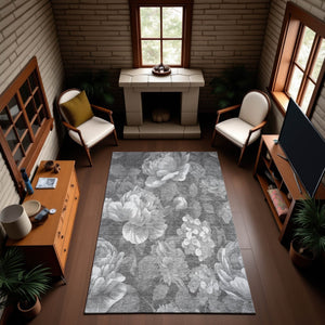 HomeRoots 8' Elegant Gray Floral Area Rug - Washable, Stain-Resistant, UV Protected for High-Traffic Spaces 694434
