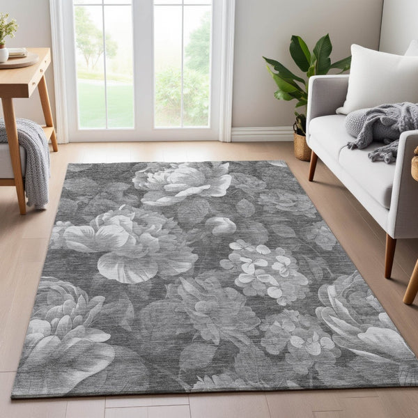 HomeRoots 8' Elegant Gray Floral Area Rug - Washable, Stain-Resistant, UV Protected for High-Traffic Spaces 694434