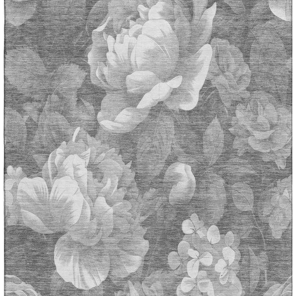 HomeRoots 8' Elegant Gray Floral Area Rug - Washable, Stain-Resistant, UV Protected for High-Traffic Spaces 694434