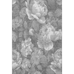 HomeRoots 8' Elegant Gray Floral Area Rug - Washable, Stain-Resistant, UV Protected for High-Traffic Spaces 694434