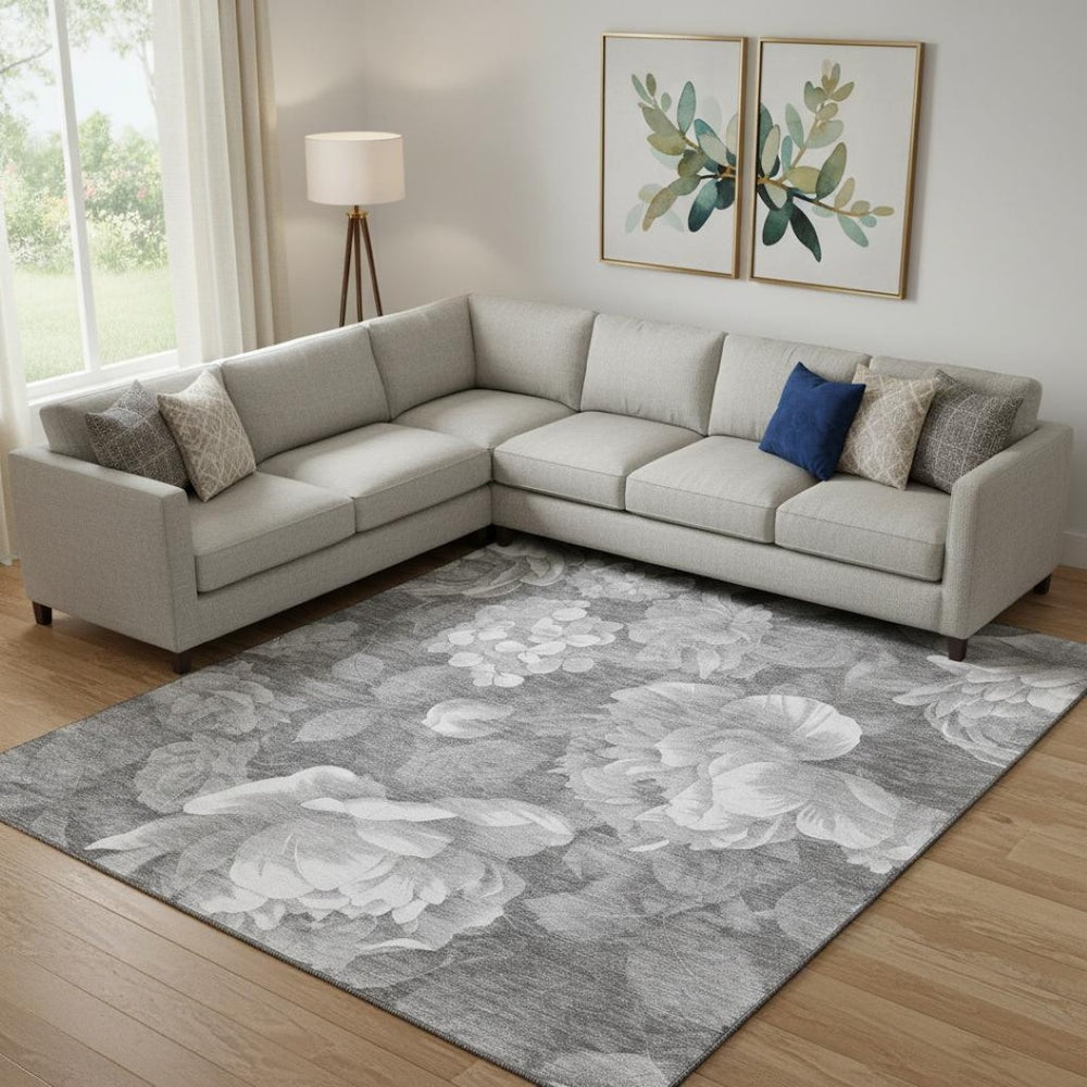 HomeRoots 9' X 12' Elegant Gray Silver Charcoal Floral Area Rug - Washable, UV Protected & Pet Friendly! 694435