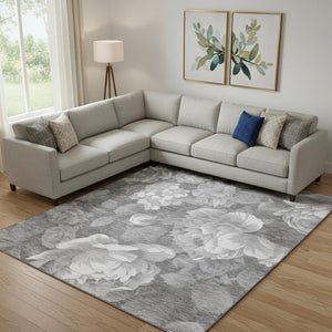 HomeRoots 9' X 12' Elegant Gray Silver Charcoal Floral Area Rug - Washable, UV Protected & Pet Friendly! 694435