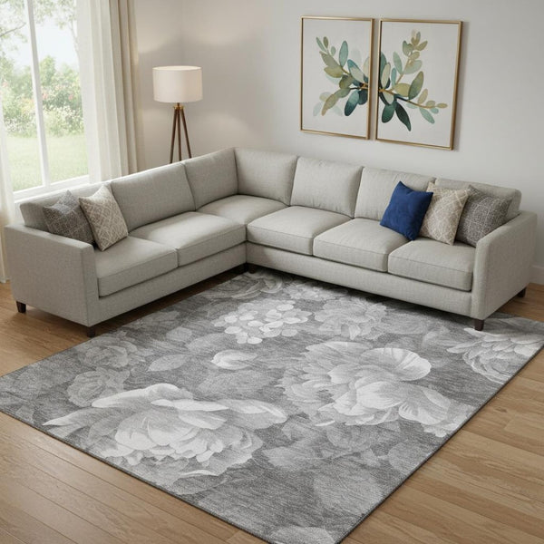 HomeRoots 9' X 12' Elegant Gray Silver Charcoal Floral Area Rug - Washable, UV Protected & Pet Friendly! 694435