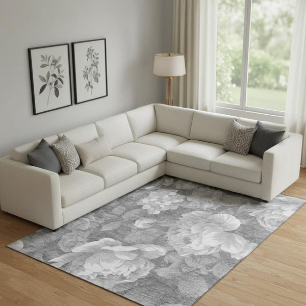 HomeRoots 10' X 14' Gray Silver Charcoal Floral Area Rug - Washable, UV Protection, Stain-Resistant Design! 694436