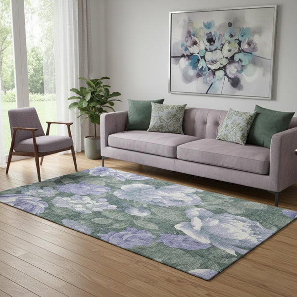 HomeRoots 5' X 8' Floral Area Rug in Lavender Green & Ivory – Washable, Stain-Resistant, UV Protected Charm 694438