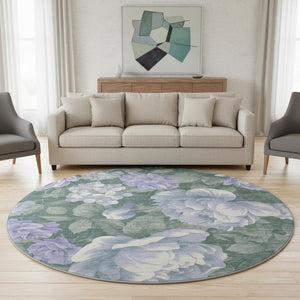 HomeRoots 8' X 8' Timeless Floral Washable Round Rug in Lavender Green & Ivory with UV & Stain Resistance 694439