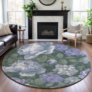 HomeRoots 8' X 8' Timeless Floral Washable Round Rug in Lavender Green & Ivory with UV & Stain Resistance 694439