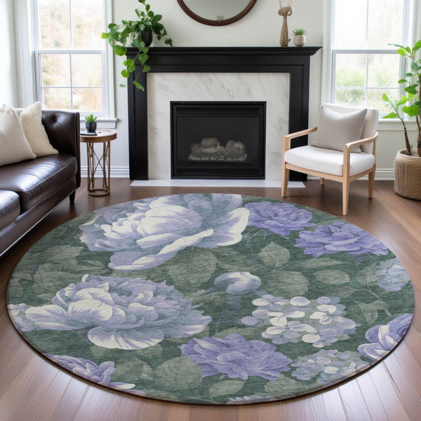 HomeRoots 8' X 8' Timeless Floral Washable Round Rug in Lavender Green & Ivory with UV & Stain Resistance 694439