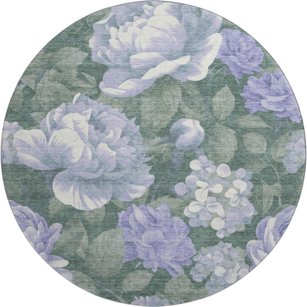 HomeRoots 8' X 8' Timeless Floral Washable Round Rug in Lavender Green & Ivory with UV & Stain Resistance 694439