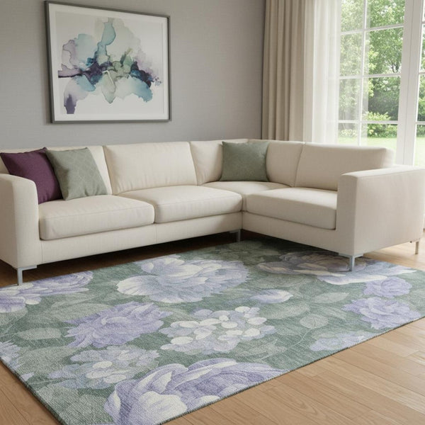 HomeRoots 8' Floral Washable Area Rug in Lavender Green & Ivory - Durable, UV-Protected, Soft & Stylish 694440